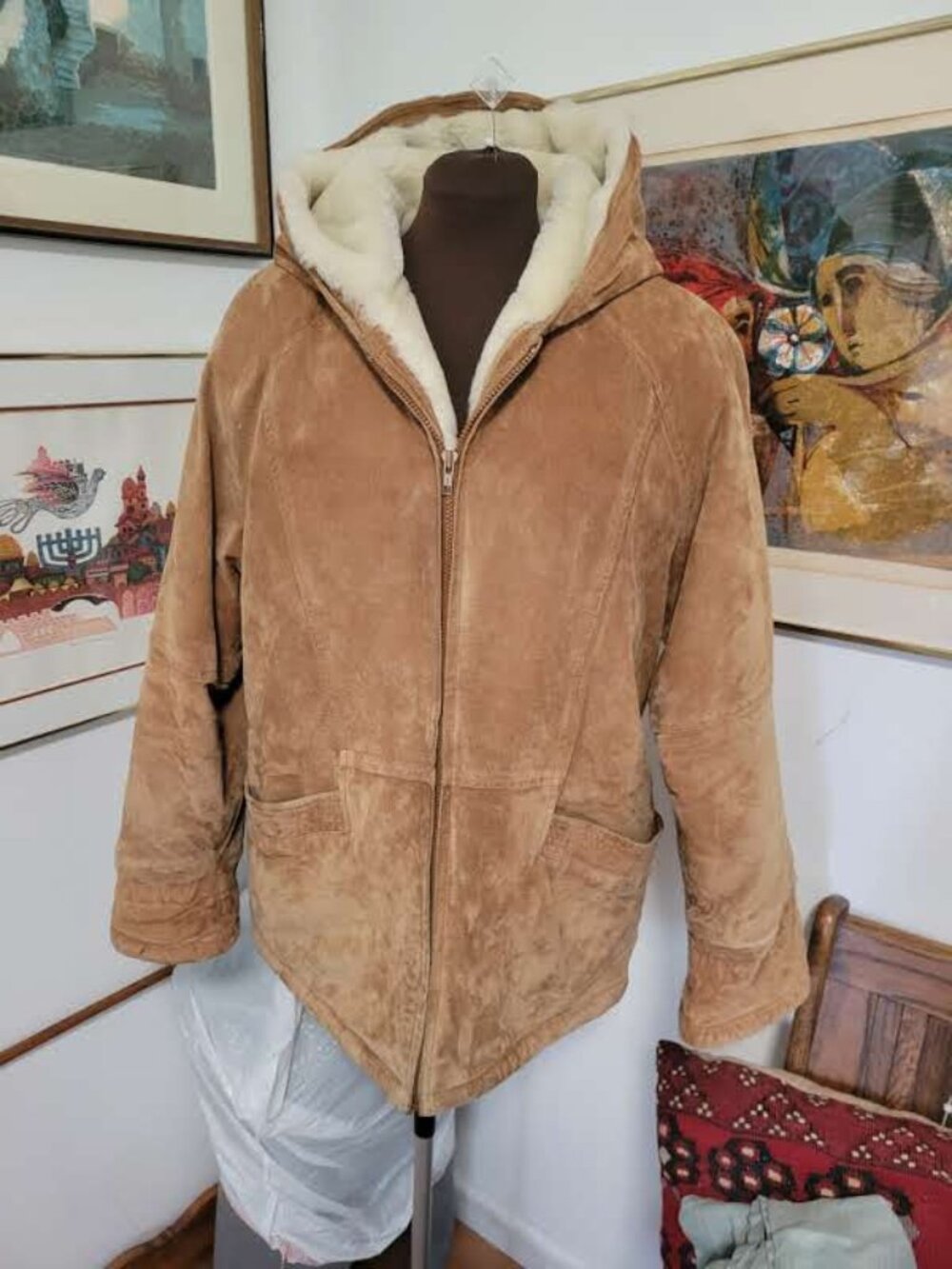 St.John's Bay Tan Suede jacket Coat with Big Hood and super soft warm Lining